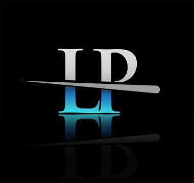 İlk logotype harfli LP şirketi adı mavi ve gümüş renkli Swoosh tasarımı. iş ve şirket için vektör logosu