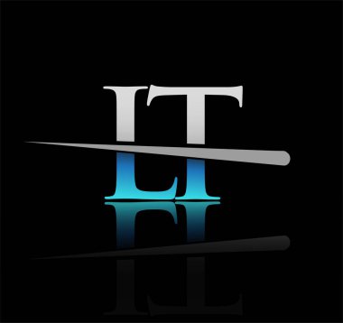 İlk logotype harfli LT şirketinin adı mavi ve gümüş renkli Swoosh tasarımı. iş ve şirket için vektör logosu