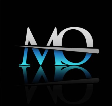 İlk logotype harfli MO şirketi adı mavi ve gümüş renkli Swoosh tasarımı. iş ve şirket için vektör logosu
