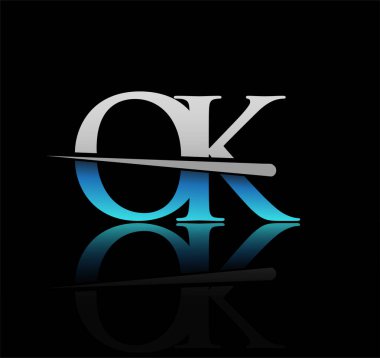 İlk harf olarak OK şirketi adı mavi ve gümüş rengi Swoosh tasarımı. iş ve şirket için vektör logosu