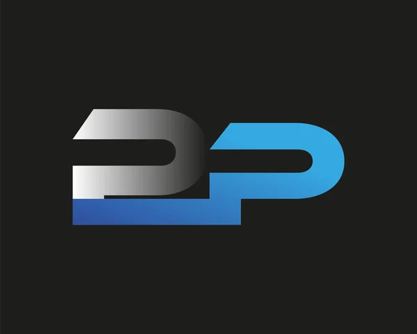 最初的字母Pp标志类型公司的名称有色蓝色和银色Swoosh设计 在黑色背景上隔离 — 图库矢量图片