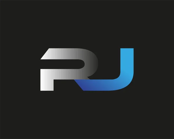 頭文字のRjのロゴタイプ会社名はブルーとシルバーのスウッシュデザイン 黒い背景に隔離され — ストックベクタ
