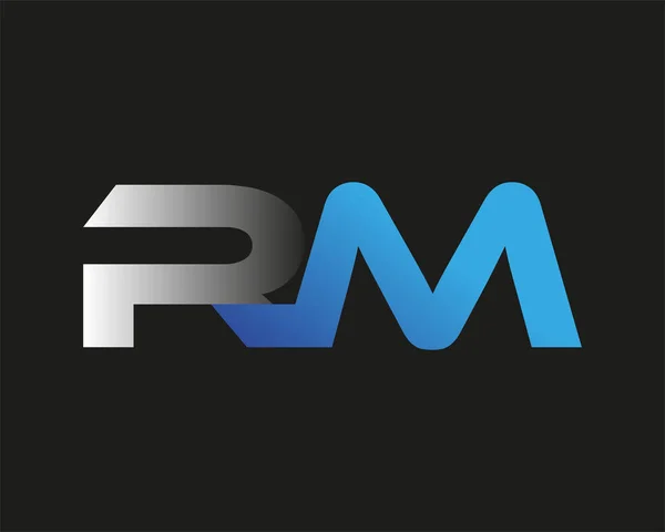 İlk harf RM logotype şirketinin adı mavi ve gümüş rengi desenli. Siyah arkaplanda izole.