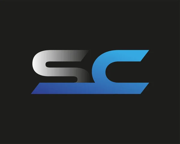 最初的字母Sc标志公司的名称有色蓝色和银色Swoosh设计 在黑色背景上隔离 — 图库矢量图片