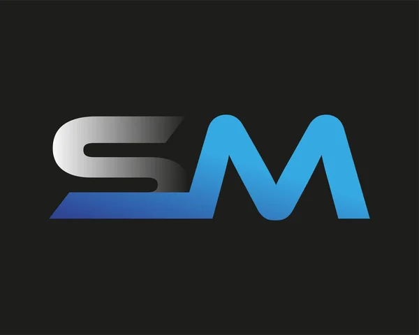 頭文字のSmロゴタイプ社名はブルーとシルバーのスウッシュデザイン 黒い背景に隔離され — ストックベクタ