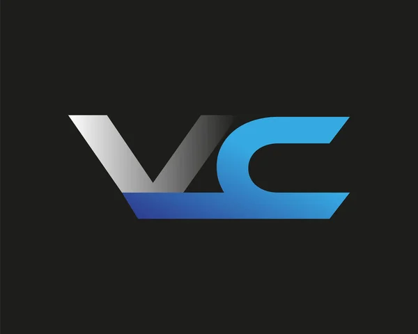 最初的字母Vc标志类型公司的名称有色蓝色和银色Swoosh设计 在黑色背景上隔离 — 图库矢量图片