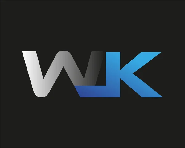 初期の手紙Wkのロゴタイプ会社の名前は青と銀のスウッシュのデザインを着色 黒い背景に隔離され — ストックベクタ