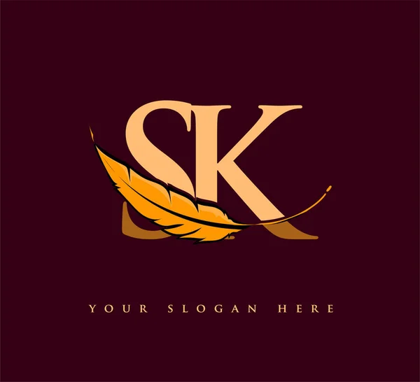 首字母Sk标志与羽毛公司名称 简单而干净的设计 工商及公司的矢量标志 — 图库矢量图片