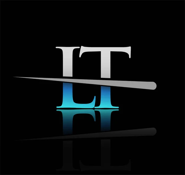 最初的标志字体字母Lt公司的名称有色蓝色和银色Swoosh设计 企业和公司的矢量标识 — 图库矢量图片