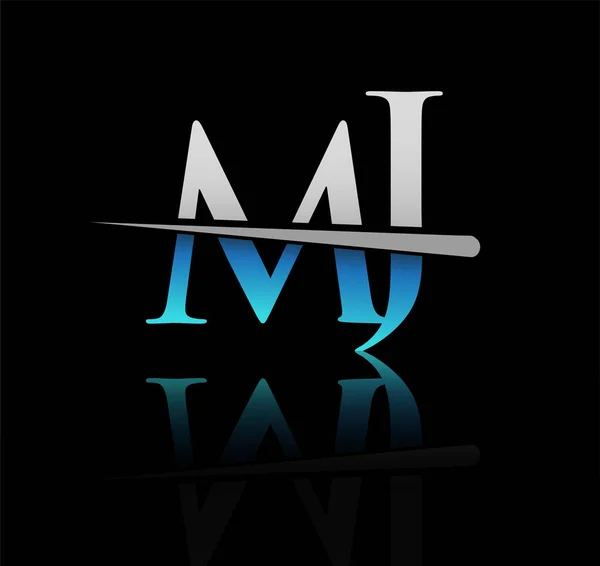 初期のロゴタイプ文字Mj社名は青と銀のスウッシュデザインを着色しました ビジネスや企業のためのベクターロゴ — ストックベクタ