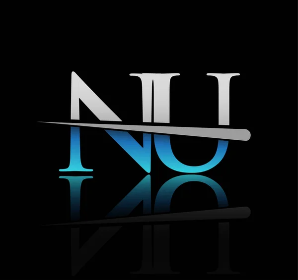 初期のロゴタイプ文字Nu社名はブルーとシルバーのスウッシュデザイン ビジネスや企業のためのベクターロゴ — ストックベクタ