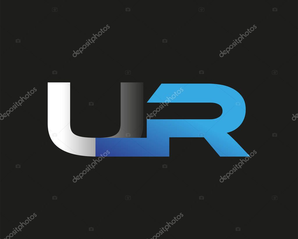 Initial letter UR logotype company name colored blue and silver swoosh design. isolated on black background.