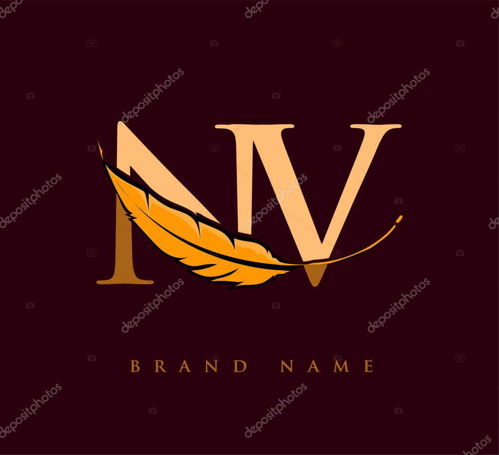 Initial letter NV logo with Feather Company Name, Simple and Clean Design. Vector Logo for Business and Company