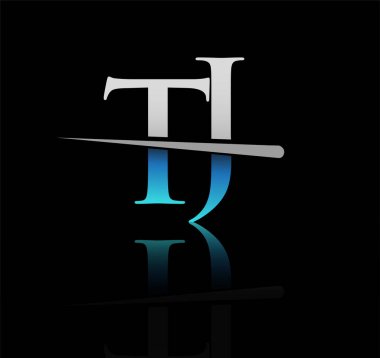 İlk logotype harfli TJ şirketi adı mavi ve gümüş rengi desenli. iş ve şirket için vektör logosu