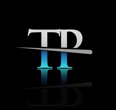 İlk logotype harfli TP şirketi adı mavi ve gümüş renkli Swoosh tasarımı. iş ve şirket için vektör logosu