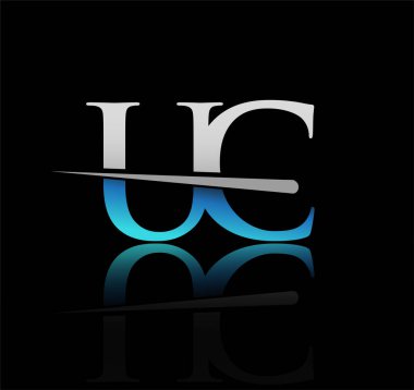 İlk logoti harfli UC şirketi adı mavi ve gümüş renkli Swoosh tasarımı. iş ve şirket için vektör logosu