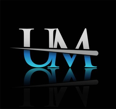 İlk logotype harfli UM şirketi adı mavi ve gümüş renkli Swoosh tasarımı. iş ve şirket için vektör logosu
