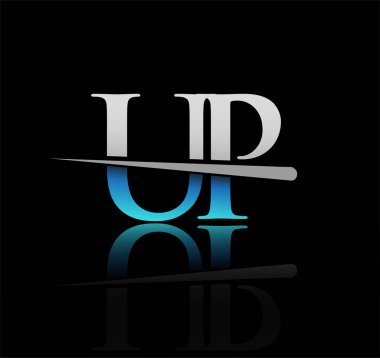 İlk logotype harfli UP şirketi adı mavi ve gümüş rengi Swoosh tasarımı. iş ve şirket için vektör logosu