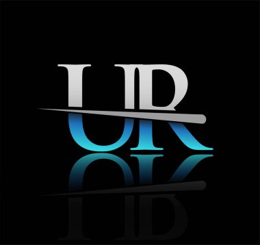 İlk logoti tipi UR şirketi adı mavi ve gümüş rengi Swoosh tasarımı. iş ve şirket için vektör logosu