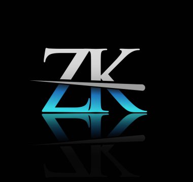 İlk logotype harfli ZK şirketi adı mavi ve gümüş renkli Swoosh tasarımı. iş ve şirket için vektör logosu