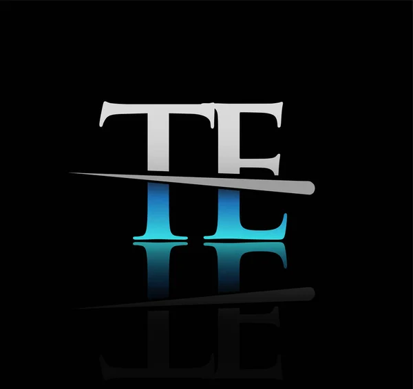 最初的标志字体字母Te公司的名称有色蓝色和银色Swoosh设计 企业和公司的矢量标识 — 图库矢量图片