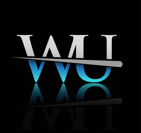 初期のロゴタイプ文字Wu社名は青と銀のスワッシュデザインを着色しました ビジネスや企業のためのベクターロゴ — ストックベクタ