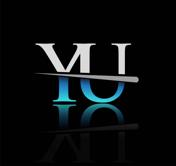 初期型のロゴタイプ文字Yu社名はブルーとシルバーのスウッシュデザイン ビジネスや企業のためのベクターロゴ — ストックベクタ