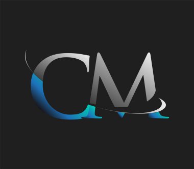 CM 'in ilk logo şirketi adı mavi ve beyaz renkli, koyu arkaplanda izole edilmiş. iş ve şirket kimliği için vektör logosu.