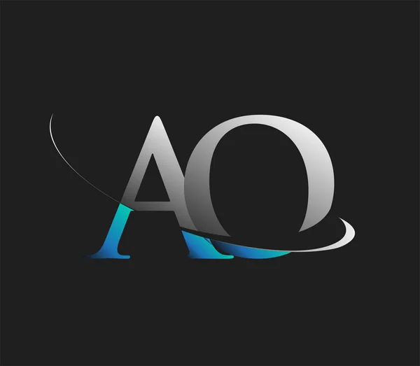 Ao初期のロゴ会社の名前は濃い背景に隔離された青と白のスウッシュデザインを着色しました ビジネスと会社のアイデンティティのためのベクトルロゴ — ストックベクタ