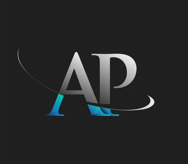 Ap初期のロゴ会社名は濃い背景に隔離された青と白のスウッシュデザインを着色しました ビジネスと会社のアイデンティティのためのベクトルロゴ — ストックベクタ