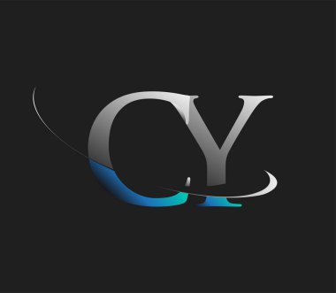 CY 'nin ilk logo şirketi adı mavi ve beyaz renkli, koyu arkaplanda izole edilmiş. iş ve şirket kimliği için vektör logosu.
