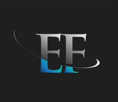 EF 'nin ilk logo şirketi adı koyu arkaplan üzerinde izole edilmiş mavi ve beyaz renkte Swoosh tasarımı. iş ve şirket kimliği için vektör logosu.