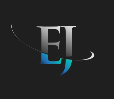 EJ 'in ilk logo şirketinin adı koyu arkaplanda izole edilmiş mavi ve beyaz renkte Swoosh tasarımı. iş ve şirket kimliği için vektör logosu.