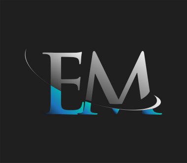 EM 'in ilk logo şirketi adı mavi ve beyaz renkli, koyu arkaplanda izole edilmiş. iş ve şirket kimliği için vektör logosu.