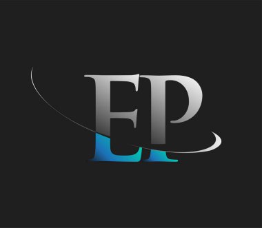EP 'nin ilk logo şirketi adı, koyu arkaplanda izole edilmiş mavi ve beyaz renkte Swoosh tasarımı. iş ve şirket kimliği için vektör logosu.