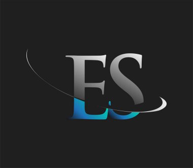 ES 'in ilk logo şirketinin adı koyu arkaplanda izole edilmiş mavi ve beyaz renkte Swoosh tasarımı. iş ve şirket kimliği için vektör logosu.
