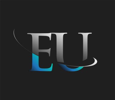 AB 'nin ilk logo şirketi lakabı, koyu arka planda izole edilmiş mavi ve beyaz renkte Swoosh tasarımı. iş ve şirket kimliği için vektör logosu.