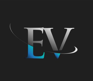 EV 'nin ilk logo şirketi adı mavi ve beyaz renkli, koyu arkaplanda izole edilmiş. iş ve şirket kimliği için vektör logosu.