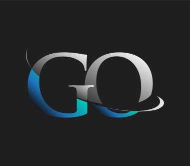 GO ilk logo şirketinin adı mavi ve beyaz renkli, koyu arkaplanda izole edilmiş. iş ve şirket kimliği için vektör logosu.