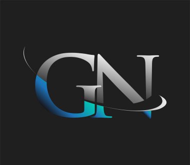GN 'in ilk logo şirketi adı mavi ve beyaz renkli, koyu arkaplanda izole edilmiş. iş ve şirket kimliği için vektör logosu.
