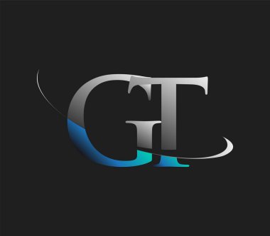 GT 'nin ilk logo şirketinin adı koyu arkaplanda izole edilmiş mavi ve beyaz renkte Swoosh tasarımı. iş ve şirket kimliği için vektör logosu.