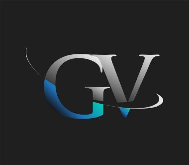 GV 'nin ilk logo şirketi adı mavi ve beyaz renkli, koyu arkaplanda izole edilmiş. iş ve şirket kimliği için vektör logosu.