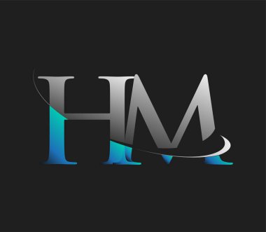 HM 'nin ilk logo şirketi adı mavi ve beyaz renkli, koyu arkaplanda izole edilmiş. iş ve şirket kimliği için vektör logosu.