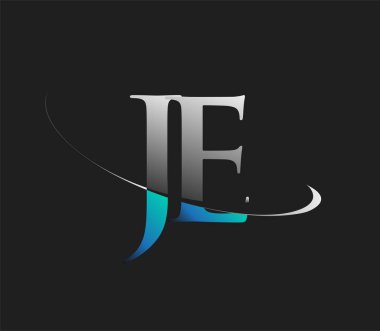 JE 'nin ilk logo şirketi adı mavi ve beyaz renkli, koyu arkaplanda izole edilmiş. iş ve şirket kimliği için vektör logosu.