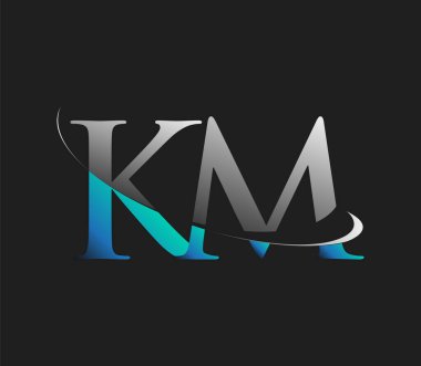 KM ilk logo şirketinin adı mavi ve beyaz renkli, koyu arkaplanda izole edilmiş. iş ve şirket kimliği için vektör logosu.