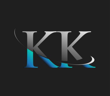 KK ilk logo şirketinin adı mavi ve beyaz renkli, koyu arkaplanda izole edilmiş. iş ve şirket kimliği için vektör logosu.
