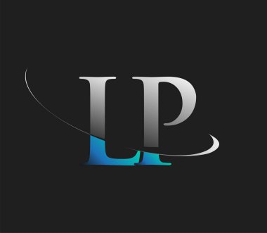 LP 'nin ilk logo şirketi adı mavi ve beyaz renkli, koyu arkaplanda izole edilmiş. iş ve şirket kimliği için vektör logosu.