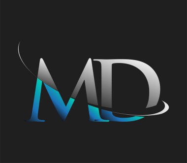 MD 'nin ilk logo şirketi adı mavi ve beyaz renkli, koyu arkaplanda izole edilmiş. iş ve şirket kimliği için vektör logosu.
