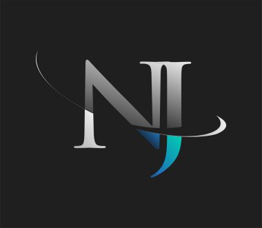 NJ 'in ilk logo şirketi adı koyu arkaplanda izole edilmiş mavi ve beyaz renkte. iş ve şirket kimliği için vektör logosu.