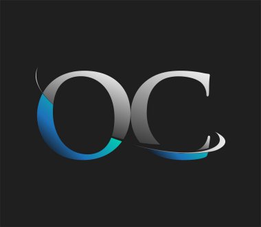 OC 'nin ilk logo şirketi adı mavi ve beyaz renkli, koyu arkaplanda izole edilmiş. iş ve şirket kimliği için vektör logosu.
